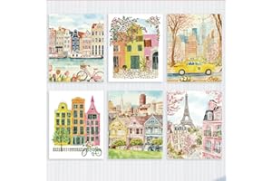 6 Pcs Colorful Watercolor Cityscape & Floral Wall Decor, Nordic Unframed Print Posters Artwork, Wall Art Decor for Home Livin