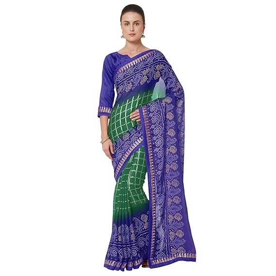 Womens Georgette Work Lace Border Silk Saree with Bandhej Printed Pattern (10667 - Green, Blue)