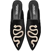 SINSIYONG Embroidered Mules for Women Pointed Toe Backless Velvet Flats with Snake Pattern