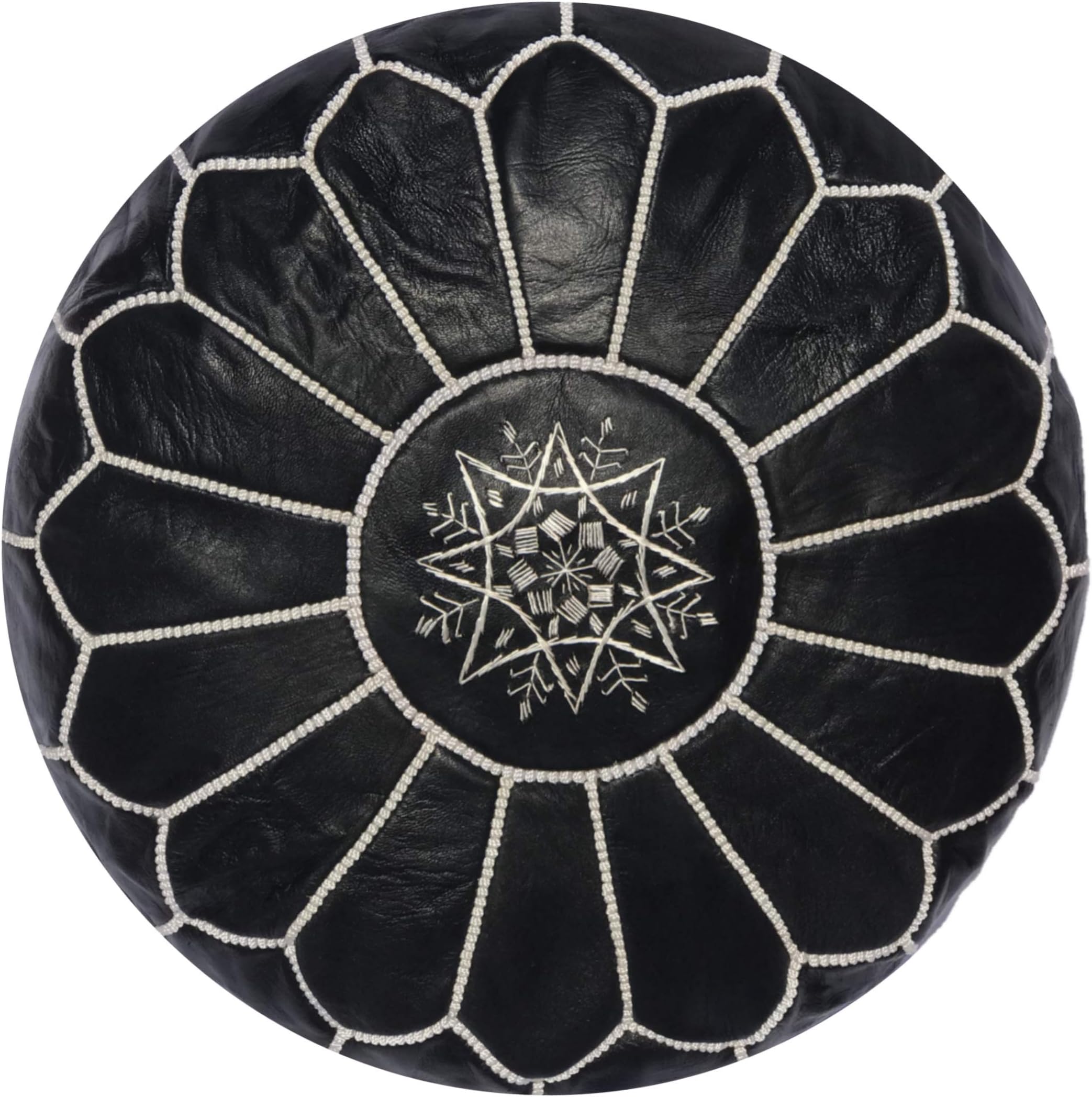 Moroccan leather pouf, handmade ottoman poof for living room furniture and home decor, floor footstool hassock, boho round chair foot rest stool pouffe, Black with White Stitching Unstuffed