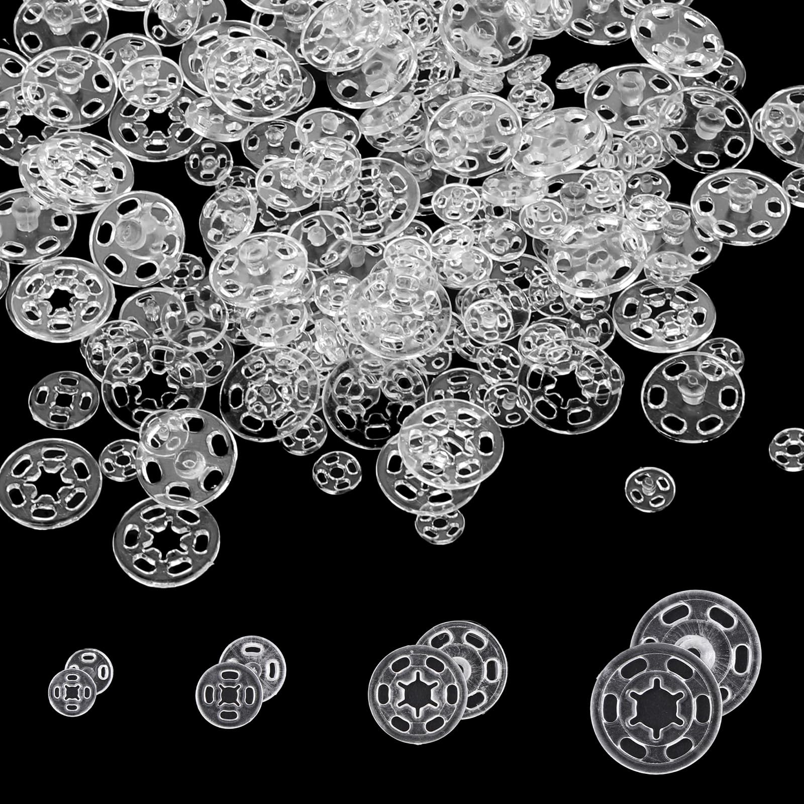 Bewudy 120 Sets Plastic Snap Buttons for Sewing - Clear Invisible Fasteners for Shirts, Clothing and DIY Crafts - 7mm 10mm 15mm 20mm