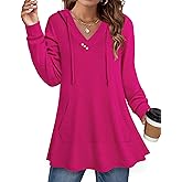 Miusey Womens Hooded Shirts Long Sleeve V Neck Tunic Hoodie Lightweight Sweatshirts with Kangaroo Pocket