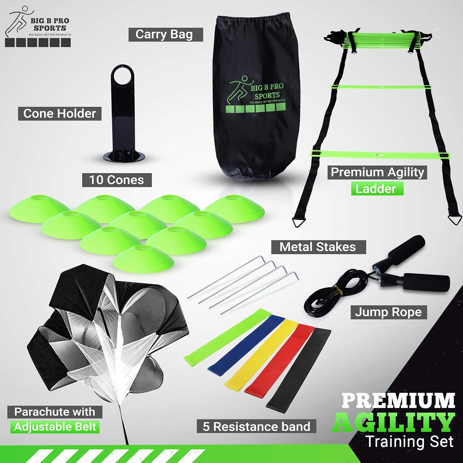 Big B Pro Sports Speed Agility Training Set - Includes Ladder, 10 Cones with Holder, Running Parachute, Jump Rope, Resistance Bands - for Training Football, Soccer, Hockey, and Basketball Athletes. : Sports & Outdoors