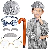 Yewong Kids Old Man Costume Grandpa Accessories Beret Hat Mustache Eyebrows Inflatable Cane Glasses Bowite Set