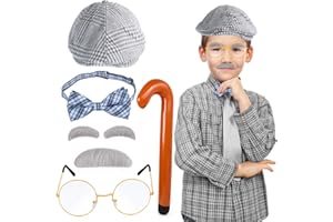 Yewong Kids Old Man Costume Grandpa Accessories Beret Hat Mustache Eyebrows Inflatable Cane Glasses Bowite Set