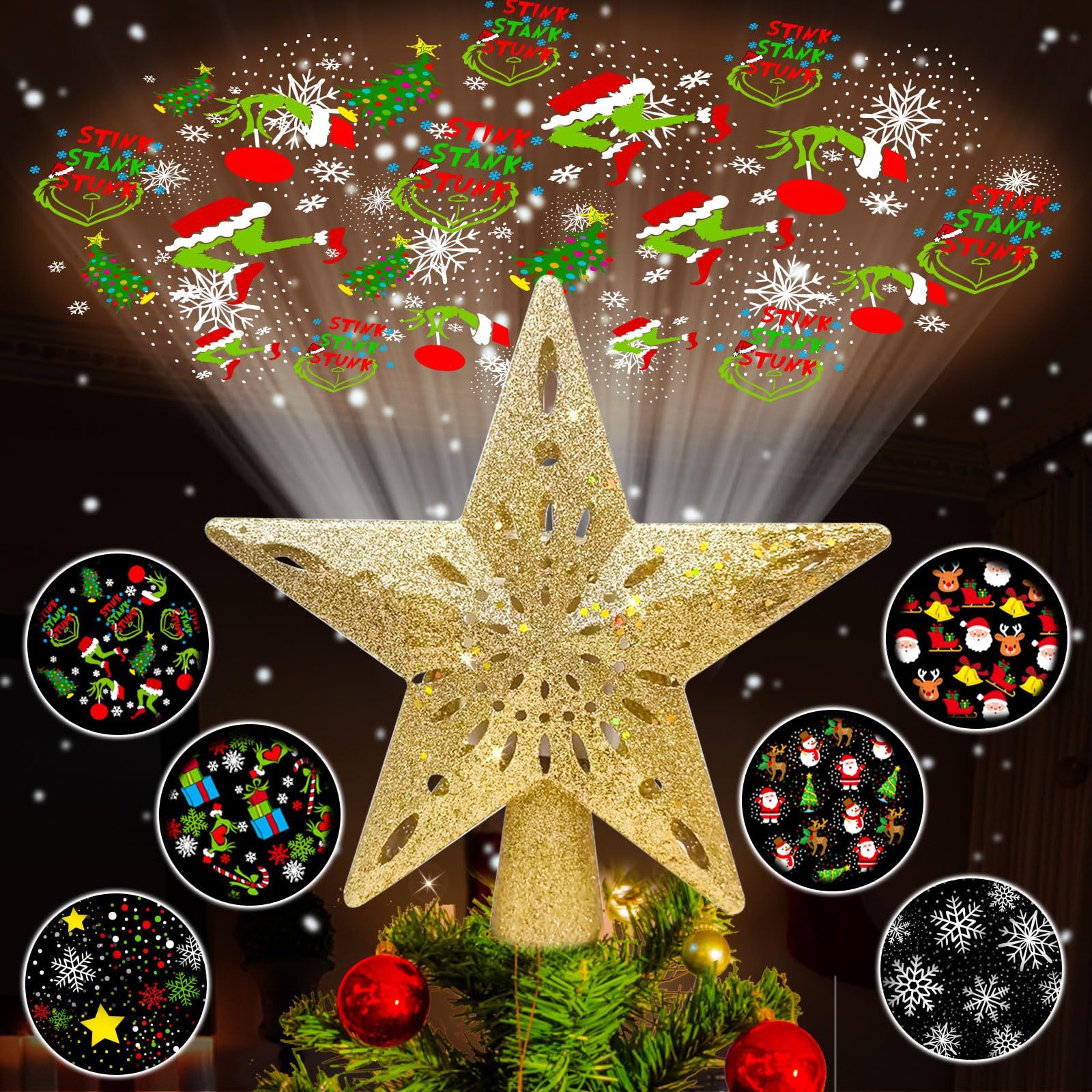 Photo 1 of Wninbu Christmas Tree Topper Star Lighted with 6 Projection Modes,Christmas Star Tree Topper Projector Built-in LED Rotating Lights,3D Glitter Dynamic Projector Party Christmas Decorations (Gold)