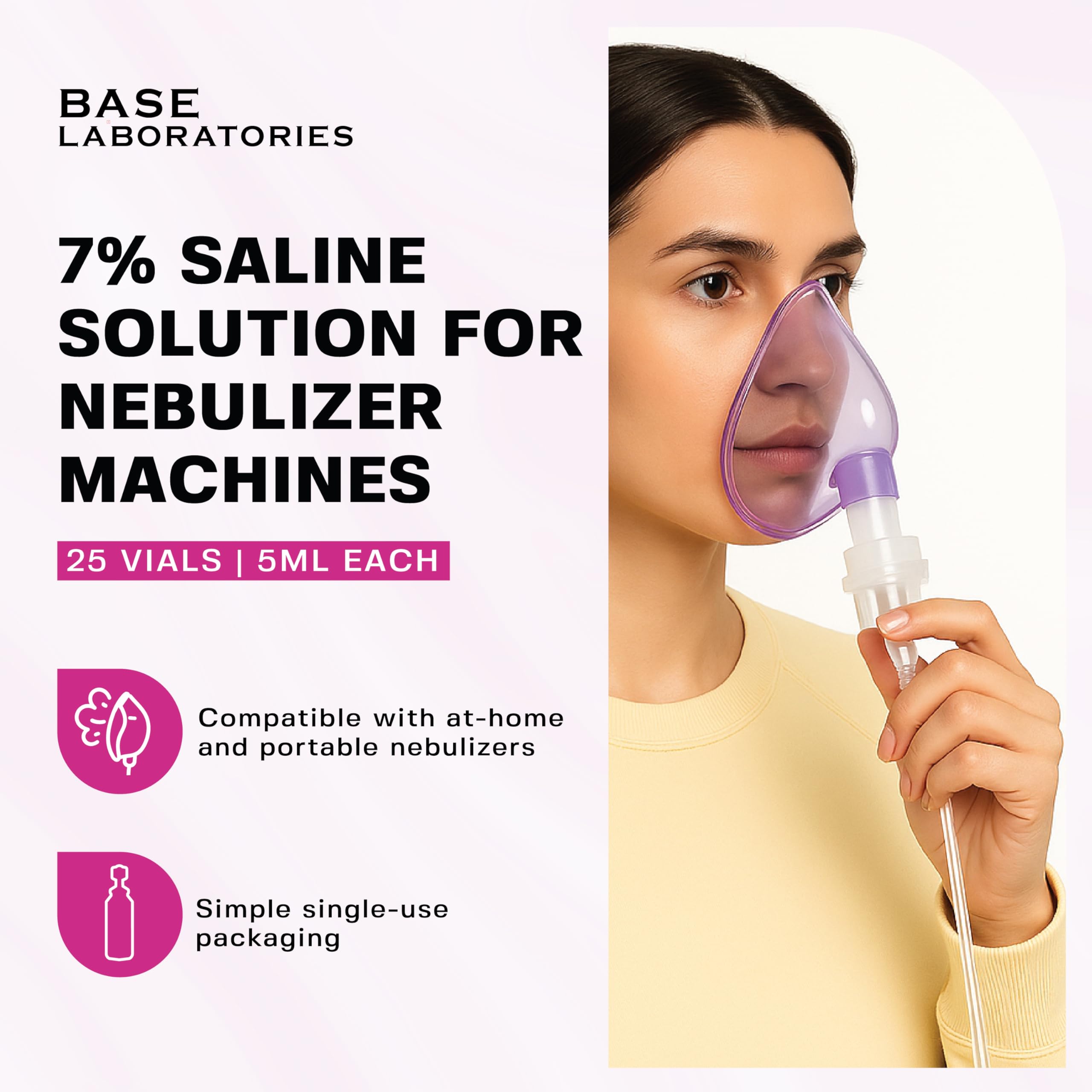 BASE LABORATORIES 7% Saline Solution for Nebulizer Machine | Saline Solution for Inhalation & Nasal Irrigation | High 7% Concentration l 25 Vials 5ml Unit Dose