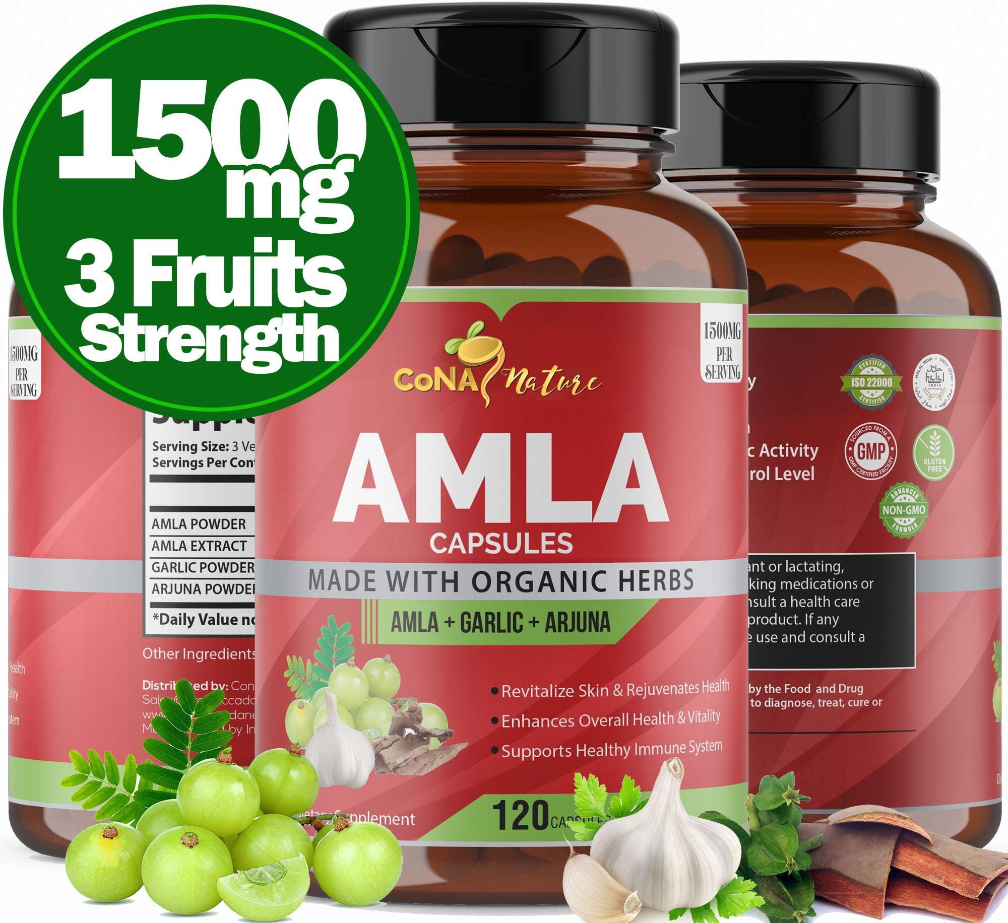 Organic Amla 1500MG with Garlic, Arjuna Extract, 120 Capsules| High Vitamin C Supplements for Hair and Skin|Dried India Amalaki Powder Fruit |Supports The Healthy Immune System