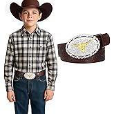 UpFind Kids Western Belt for Boys Girls Youth Engraved Cowboy Cowgirl Genuine Leather Belt with Silver Longhorn Bull Buckle