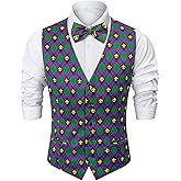 Fashonal 2-Piece Men's Mardi Gras Halloween Vest, Waistcoat Vest & Bow Tie S-3XL