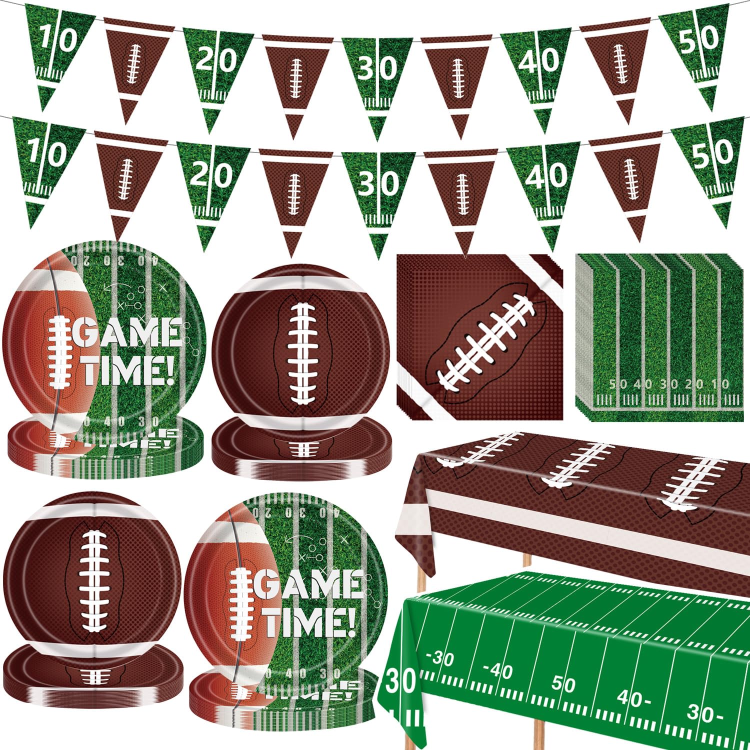 Photo 1 of 100pcs Football Party Supplies Tableware Set - Football Paper Plates Napkins Tablecloths Banner Super Football Theme Party Decorations Game Day Party Plates Dinnerware Set