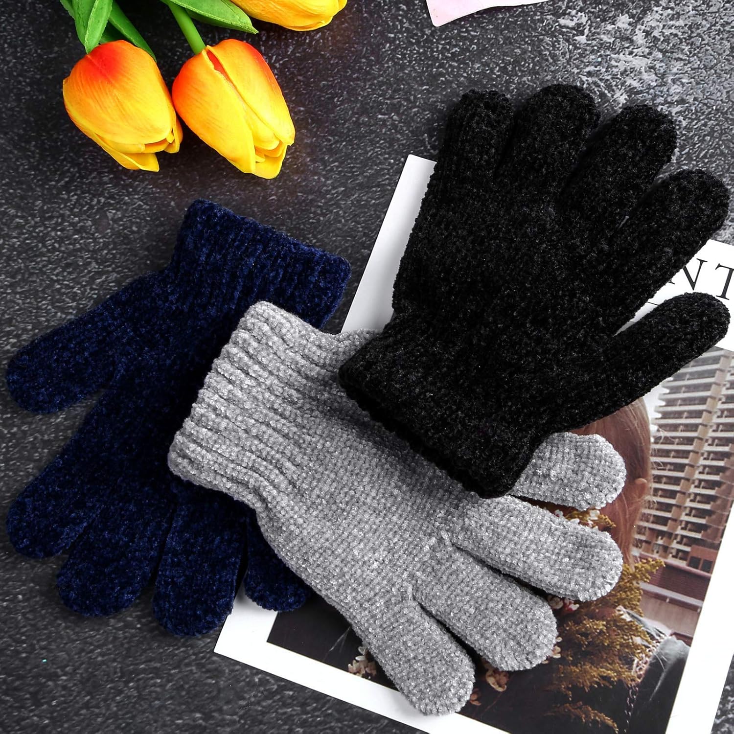 Motarto 6 Pairs Kid's Winter Magic Gloves Soft Chenille Cashmere Warm Gloves Stretchy Knit Gloves: Clothing