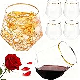 LUODA MirthMood 32 Pack Gold Plastic Stemless Wine Glasses, 12 Oz Disposable Diamond Shaped Wine Glasses, Clear Plastic Whiskey Glasses with Gold Rim for Spring Wedding,Birthday Party