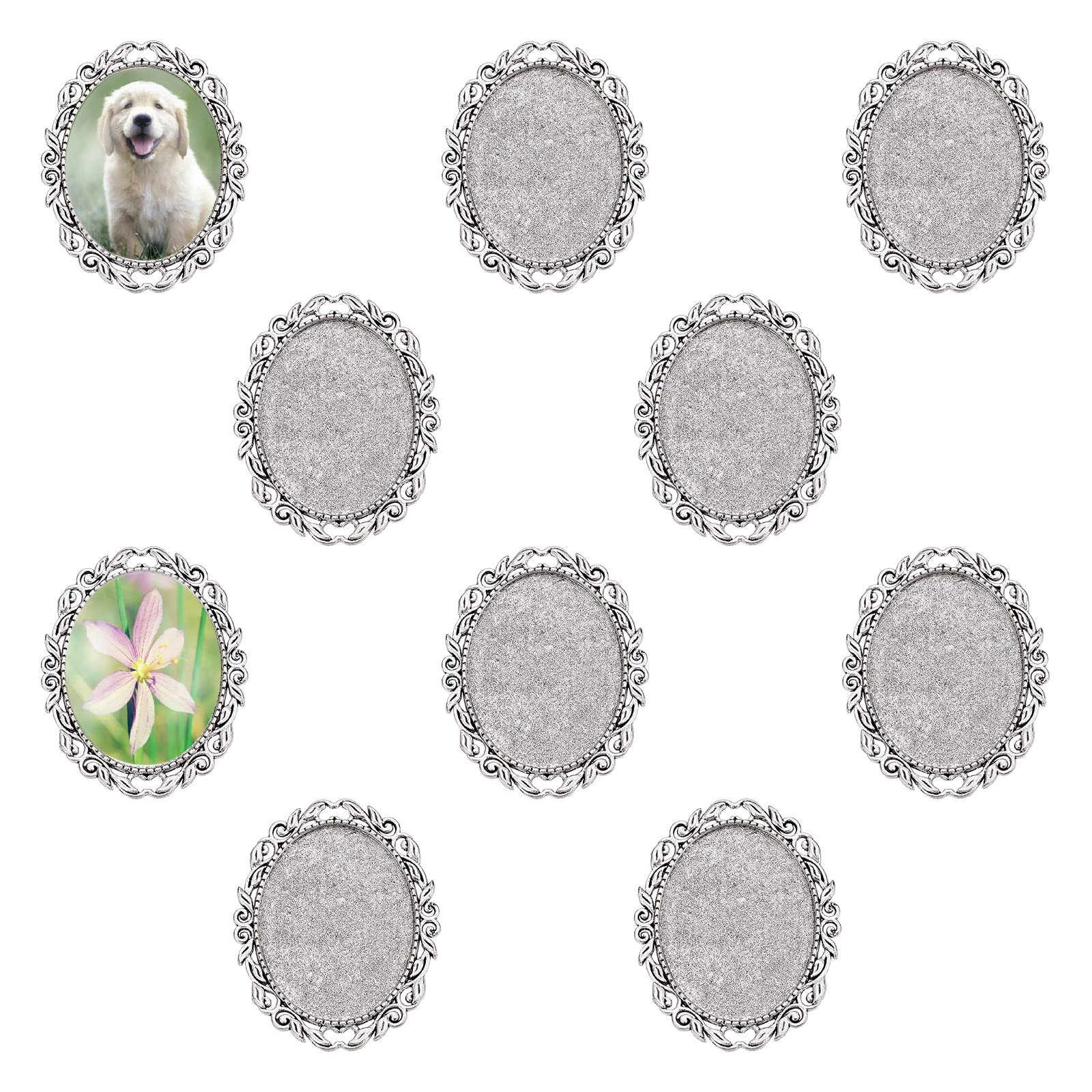 PH PandaHall 10pcs Brooch Tray Oval Jewellery Tray Vintage Style Bezel Tray Cabochon Photo Settings for Memorial Brooch Making Valentine's Day Birthday Anniversary Tray: 1.6x1.2 Inch, Antique Silver