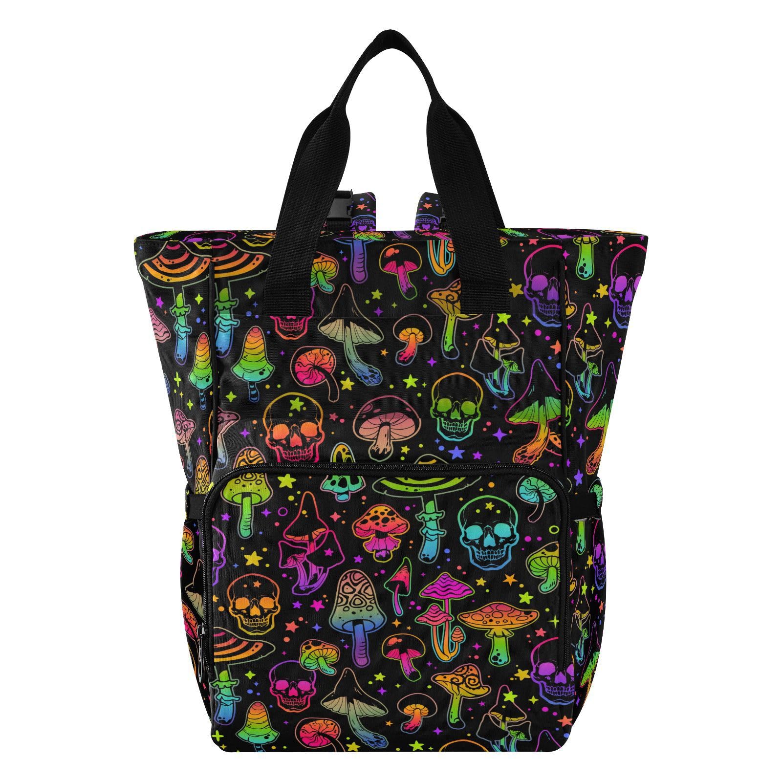 ALAZA Baby Changing Bag Backpack, Nappy Changing Bags Rainbow Mushrooms Skull Multi-Functional Diaper Bag Tote Large Capacity Mum Dad Backpack