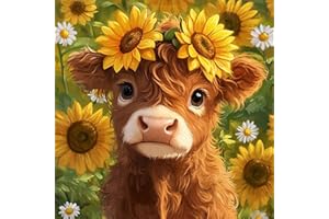 OKARINA Diamond Art Kits for Adults Highland Cow, DIY 5D Diamond Painting Kit for Beginners Sunflower, Cow Full Round Drill Gem Art Dots for Adults, Perfect for Home Wall Decor 14X14 Inch