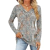 FMEYOA Women's Fall Long Sleeve Tunic Tops for Leggings V Neck Button Casual Blouse Sweatshirt