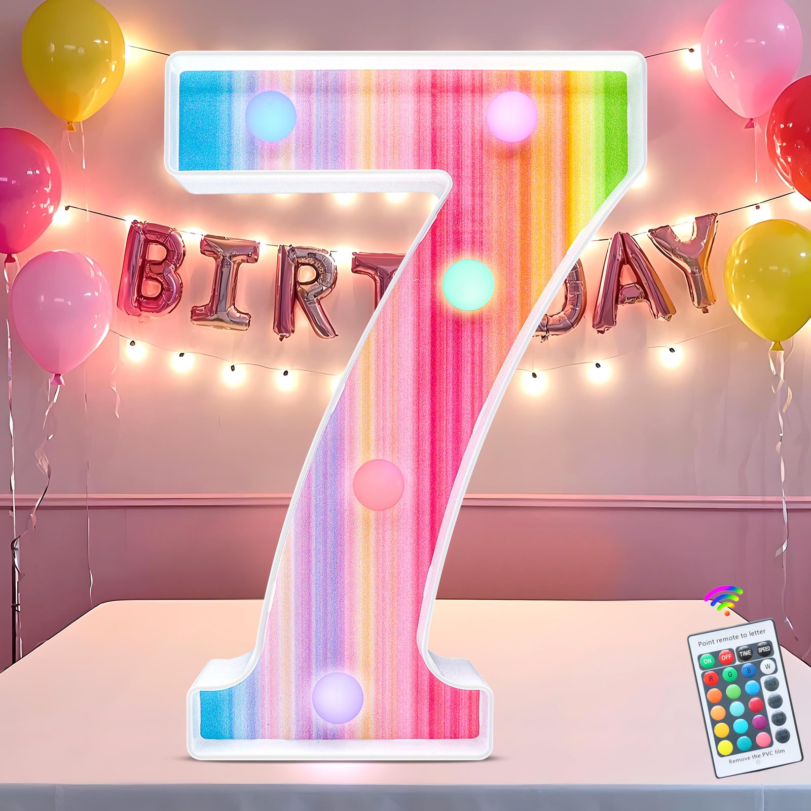 Rainbow Light Up Numbers, Colorful LED Number Lights 7th Birthday Decorations, 16 Color Changing Girls Birthday Number Gifts for 7 Year Old Girls Party Anniversary Remote Wall Table Decor - Number 7
