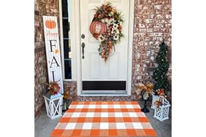 BOTTALIVE Buffalo Plaid Outdoor Rugs, 27.5''x43'' Orange and White Check Indoor/Outdoor Area Rug, Layering Rug for Hello/Welcome Door Mat, Washable Cotton Woven Farmhouse Mat for Fall Front Porch Décor