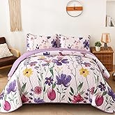 Anibedding Purple Quilt Set Queen, Floral Pattern Microfiber Bedspreads Queen Size 3 Pieces Lightweight Reversible Bedding Set with 2 Pillowcases(96"x90")