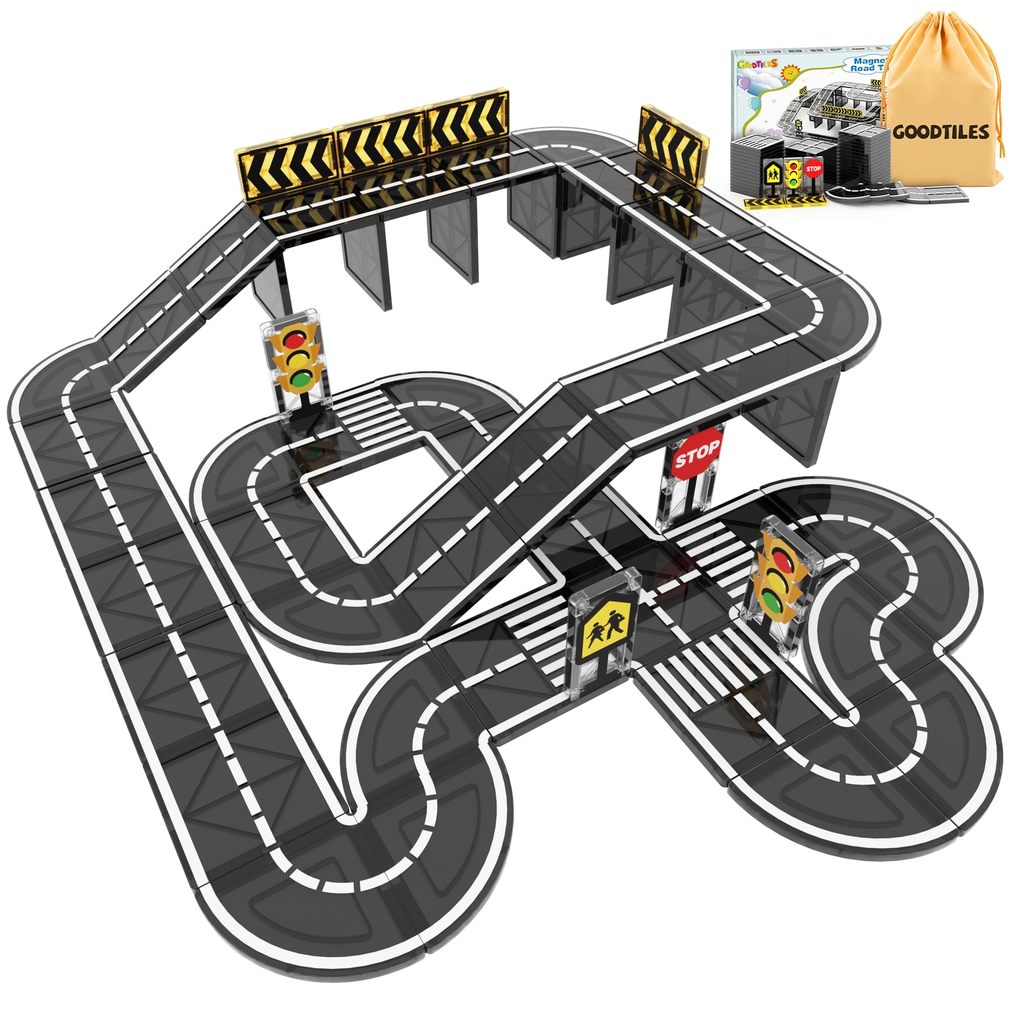 Photo 1 of Goodtiles Magnetic Tiles Road Expansion Set, STEM Magnetic Building Blocks for Kids Ages 3-5 4-8 5-7, Preschool Learning Sensory Kids Toys for Toddler Birthday