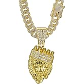 Gold Plated Iced Out Cuban Link Chain with Lion Head Crown Pendant - Hip Hop Bling CZ Necklace for Men Women, Streetwear Jewelry Gift