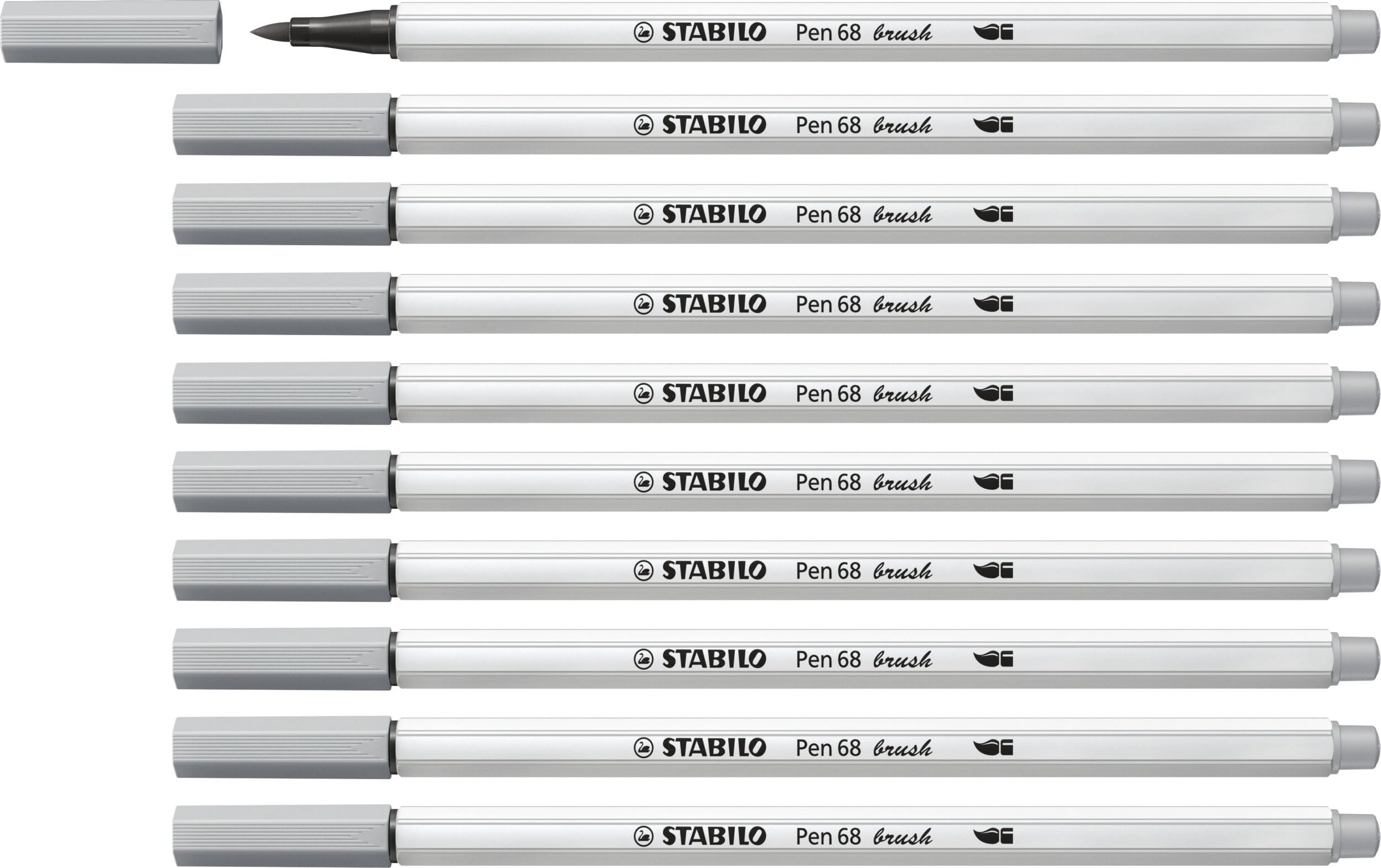 STABILO Pen 68 brush - Premium Fibre-Tip Pen with Brush Tip - Pack of 10 - Medium Cold Grey