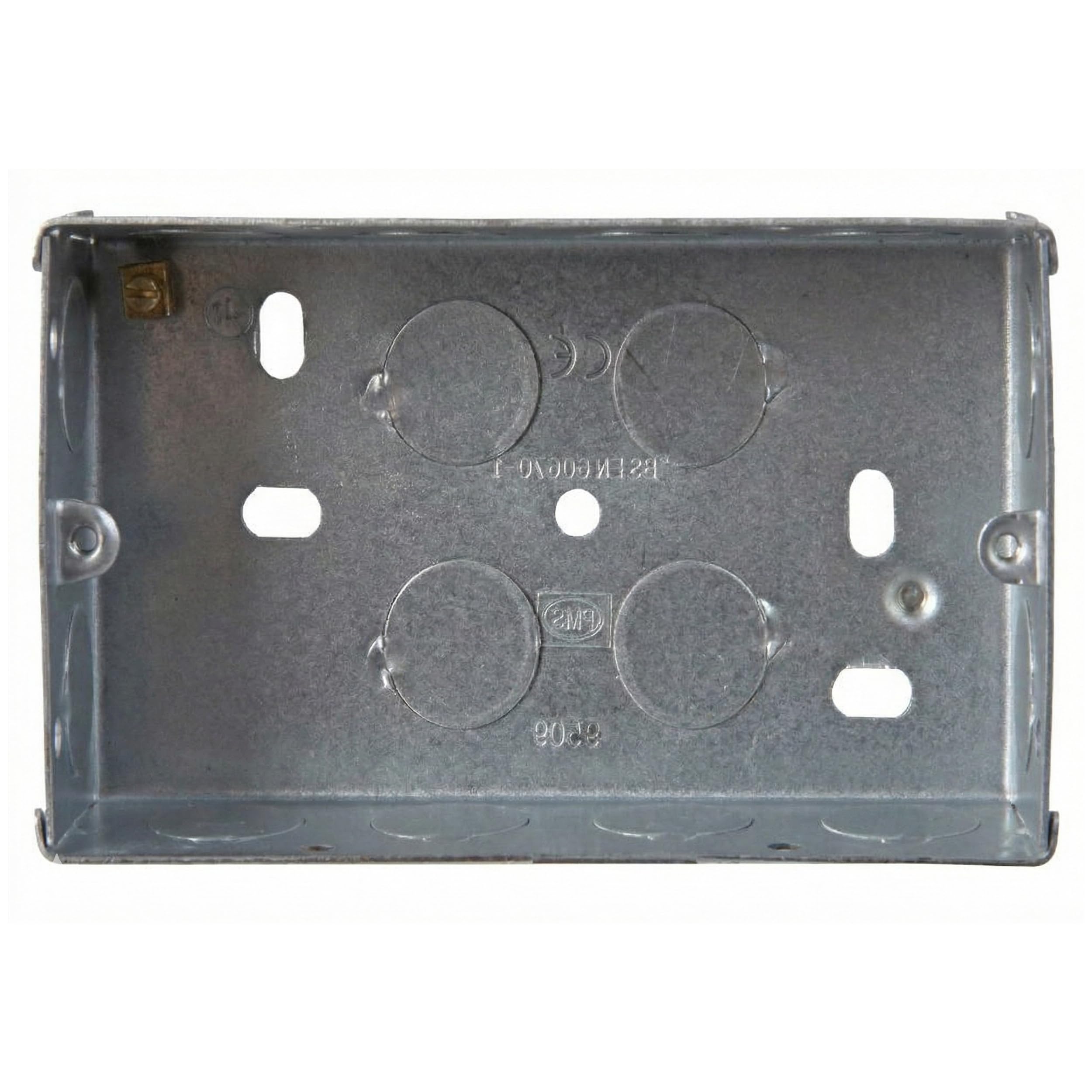 rhinocables - 2 Gang Double Socket Back Box | Galvanized Steel | BS4662 Compliant | Secure Fixed Lugs | Pre-Punched Knockouts | Versatile Depth Options, 1 Pack, 47mm