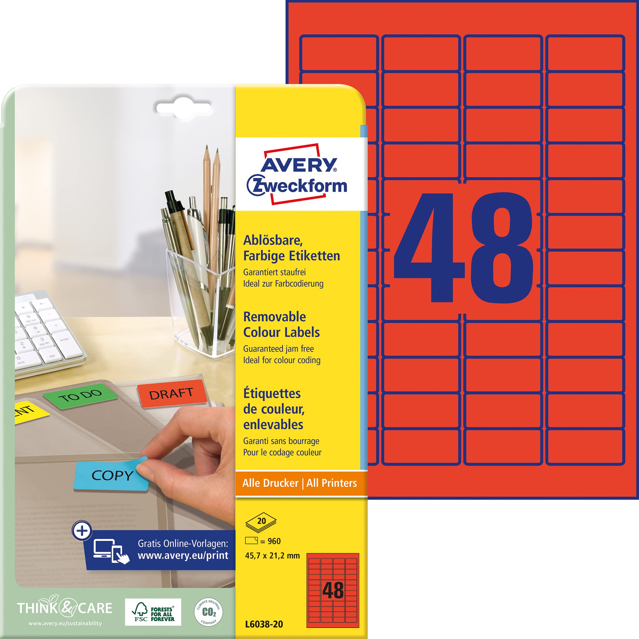 Avery L6038-20 Removable Mini Labels (45.7 x 21.2 mm Labels, 48 per A4 Sheet, 20 Sheets) for all printers - Red