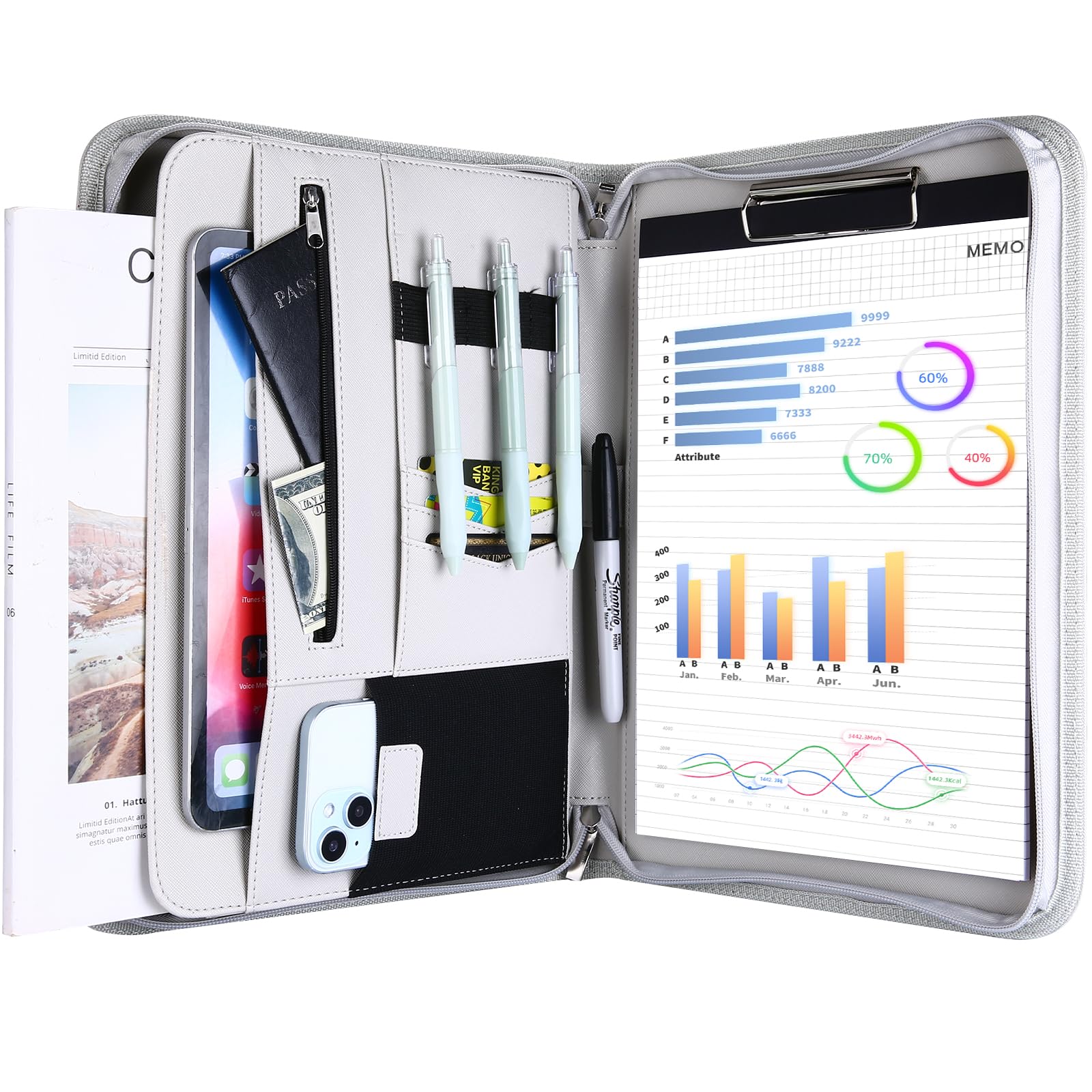 ProCase Portfolio Business Padfolio Folder with Zipper, Conference Meeting Executive File Legal Document Organizer with Pockets Letter Size A4 Writing Pad Notepad Padfolio for Father's Day -Grey