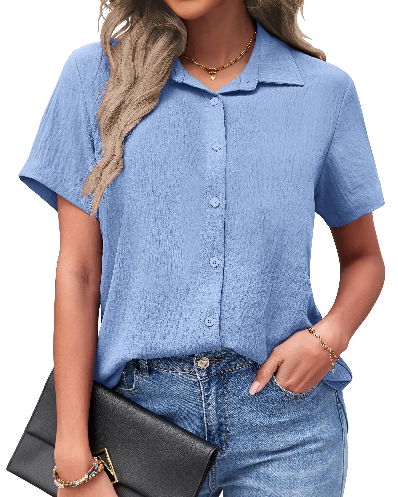 Photo 1 of **NEEDS CLEANING**
PYGFEMR Womens Button Down Shirts Short Sleeve Loose Collared V Neck Tunics Summer Tops Work Casual Business Blouses Sky Blue SIZE SMALL