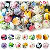 Ipotkitt 50pcs 15mm Colorful Silicone Round Beads Flower Printed Rubber Beads Cute Bubblegum Ball Beads for DIY Necklace Keychain Lanyard Jewelry Making