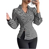 SweatyRocks Women's V Neck Ruched Wrap Fitted Long Sleeve Collar Striped Shirt Split Blouse Work Top