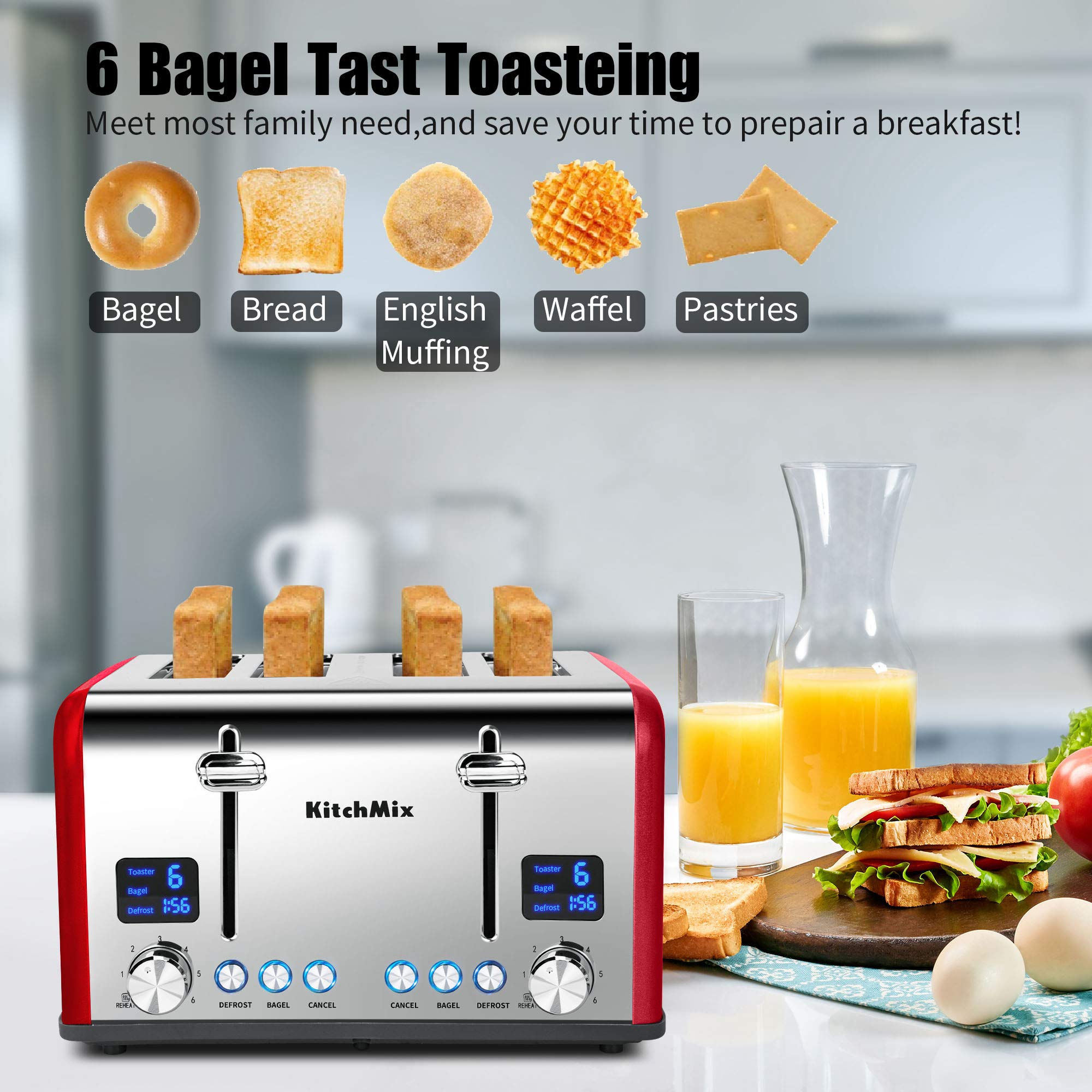 Tostadora de 4 rebanadas, Tostadora KitchMix Bagel de acero inoxidable con temporizador LCD, ranuras extra anchas, pantalla doble, bandeja para migas extraíble (rojo)