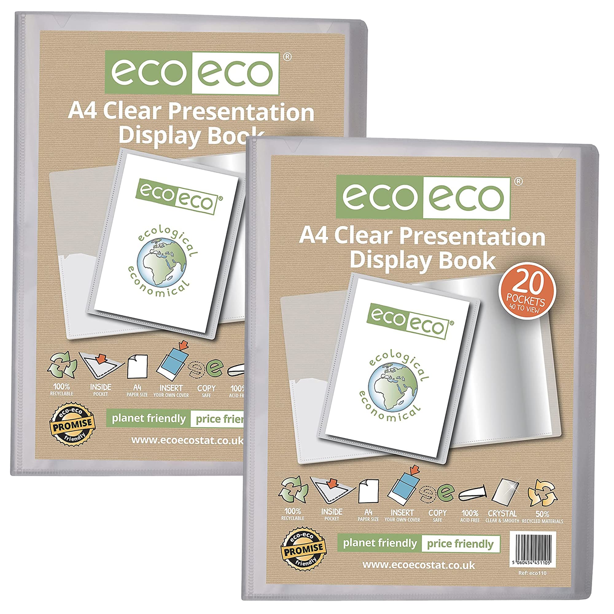 eco-eco A4 Size 50% Recycled 20 Pocket Clear Presentation Display Book, Storage Case Portfolio Art Folder with Plastic Sleeves, (Pack of 2) eco110x2