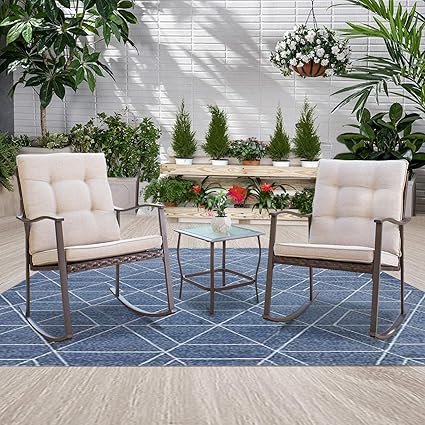 Incbruce Outdoor 3 Piece Rocking Chair Bistro Set Brown Wicker Furniture All Weather Steel Frame Two Chairs With Beige Cushions And Glass Top
