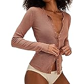 Womens Button Front Closure Fitted Stretchy Long Sleeve Waffle Cardigan Shirts Y2k Going Out Cute Crop Tops