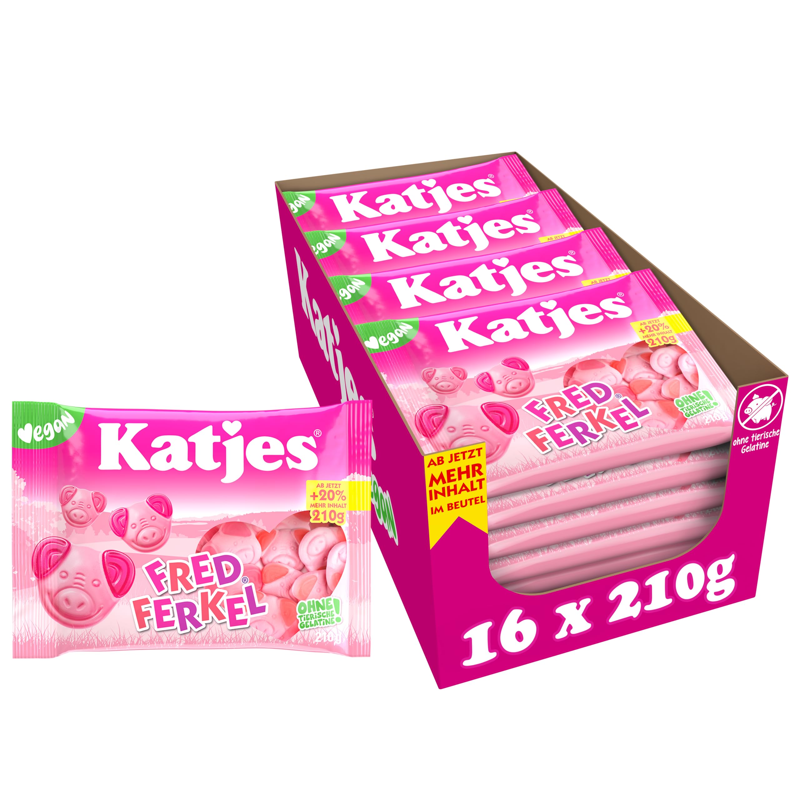 Katjes Fred Ferkel Vorratspack – Schaumzucker mit Fruchtgummi in Schweinchen-Form, fruchtiger Mix in unterschiedlichen Geschmacksrichtungen, Vegan, Halal, 16 x 210g