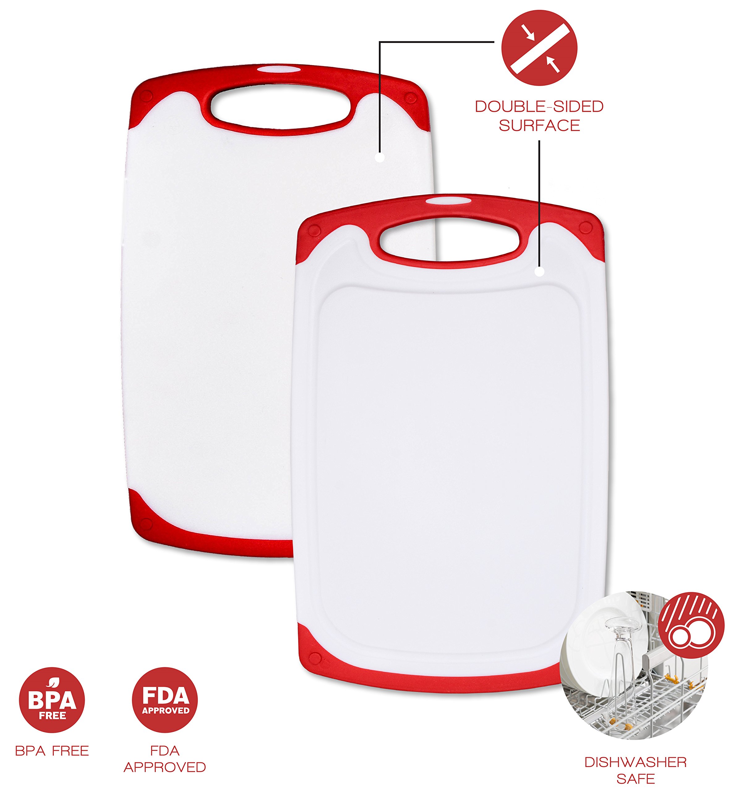 Raj Non-Slip Antibacterial Plastic Cutting Board, Deep Juice Groove, Dishwasher Safe, BPA Free, FDA Approved White and green (2 Pieces, White board with Red Ends)