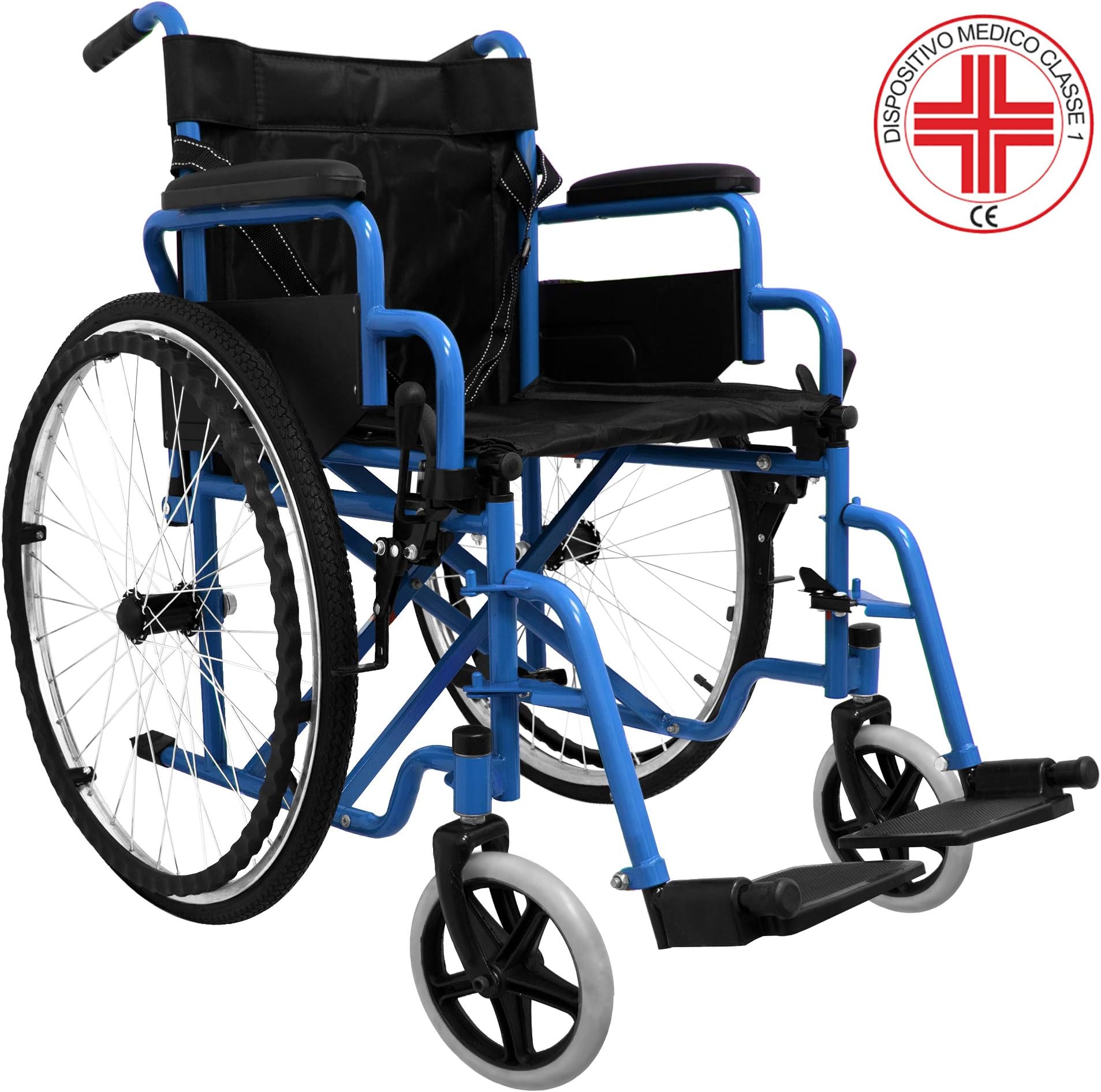 Medicalpharm® Wheelchair Pushchair Handrail Wheelchair Wheeled Chair for The Elderly and Disabled, Storage Pouch, Platform and Washable Session, Wheeled Chair Model B Blue