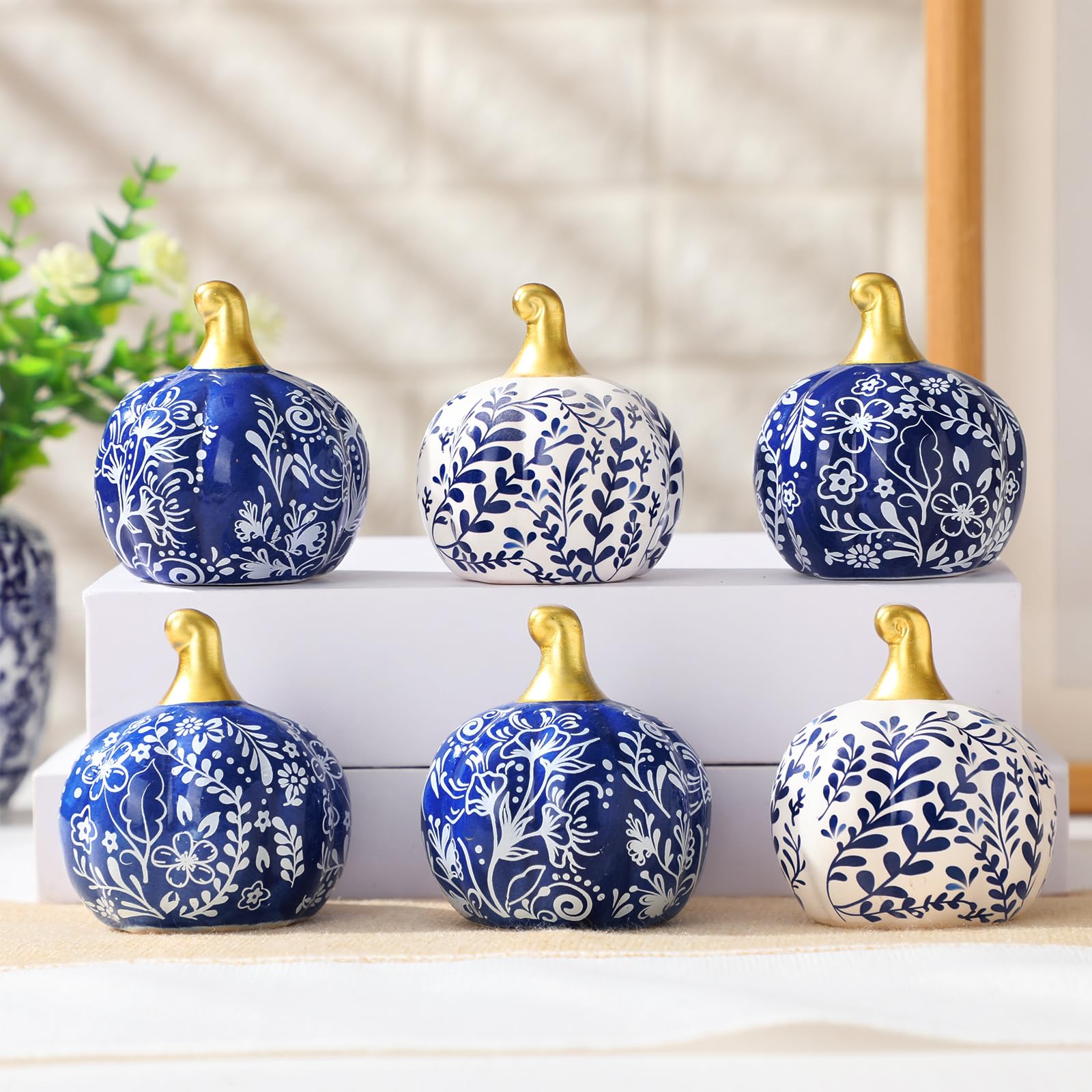 Photo 1 of DoubleFill 6 Pcs Vintage Blue and White Ceramic Chinoiserie Pumpkins Fall Farmhouse Table Centerpiece Porcelain Pumpkin Tiered Tray and Mantel Ornaments for Indoor Thanksgiving Autumn Decor