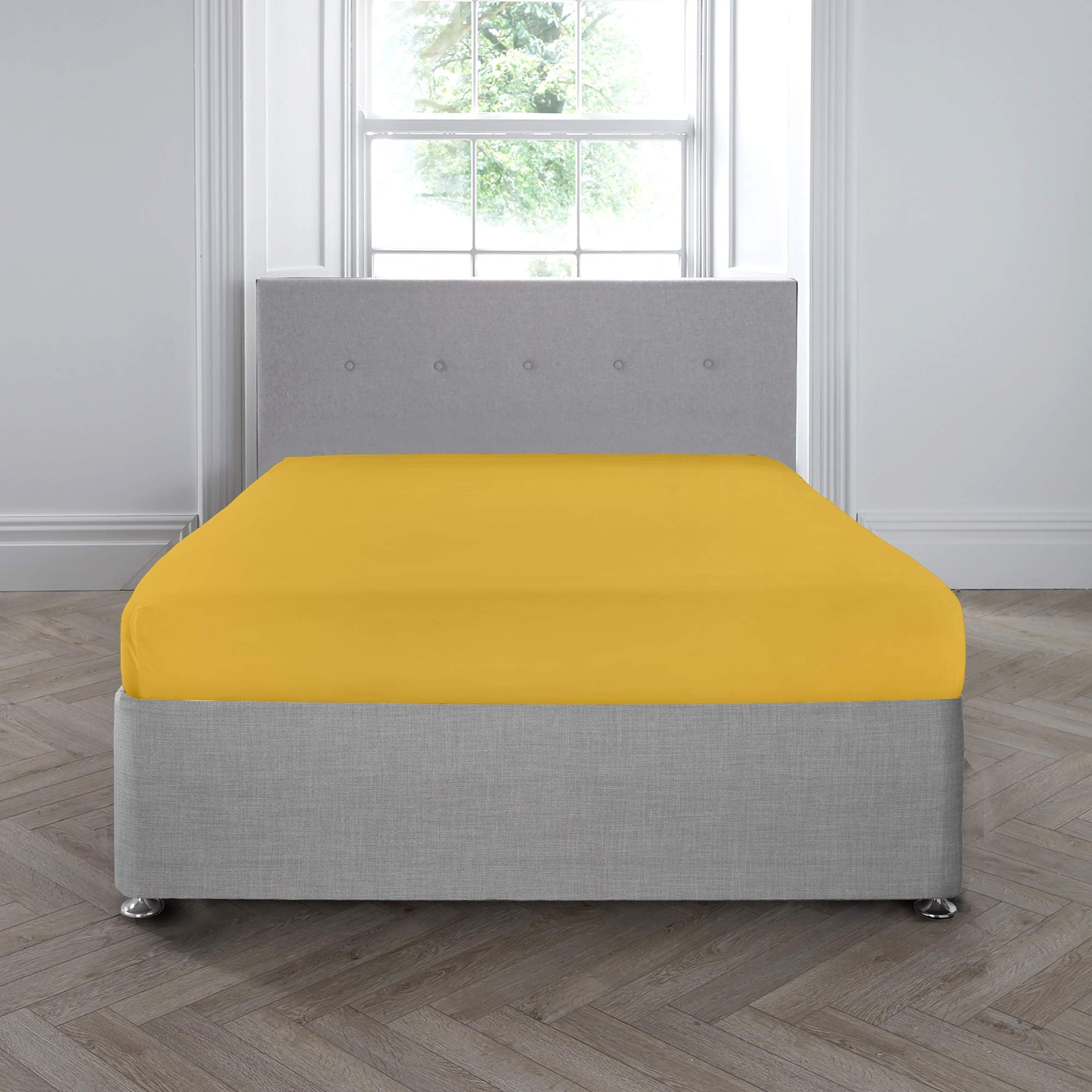 Racing Green 200TC 35cm Deep Fitted Sheet, 100% Cotton, Ochre Yellow, Super-King
