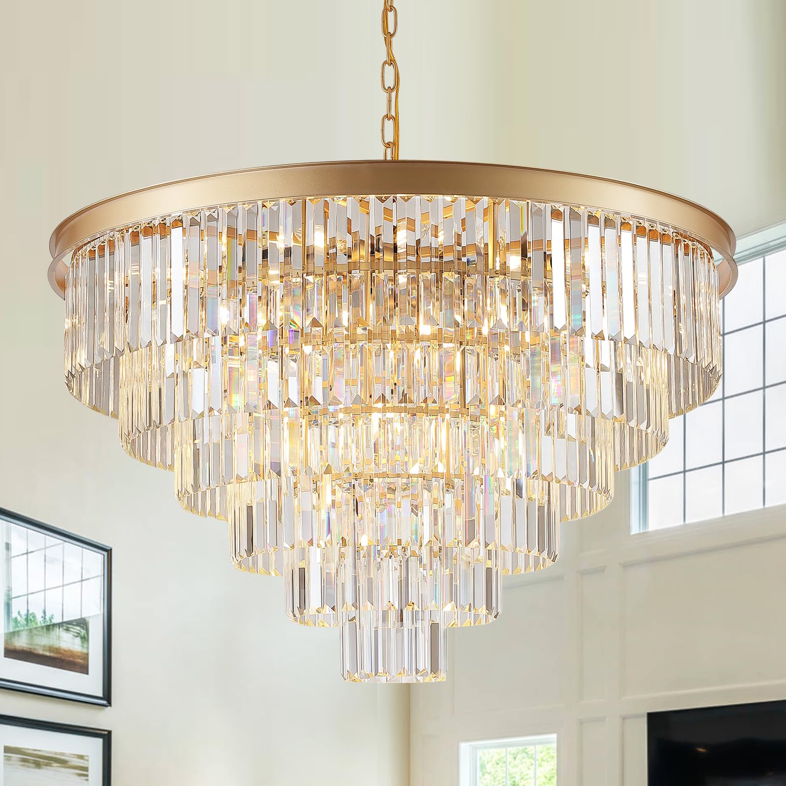 View 1 of Modern Gold Crystal Chandeliers 35'' Large Chandeliers for High Ceiling Foyer K9 Crystal 5-Tier Luxury Chandelier 22-Light Round Ceiling Chandelier Light Fixtures for Staircase Entry Living Room