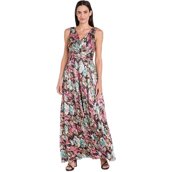 R&M Richards Women's Pleated Sheer Knit Floral Maxi Dress W/Ruched Waist &  Cascade