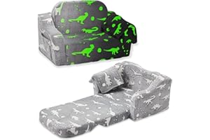 BUPPLEE Kids Sofa, 2-in-1 Soft Toddler Couch Fold Out, Toddler Chair Comfy with Cute Designs, Convertible Sofa to Lounger for Girls and Boys, Gray