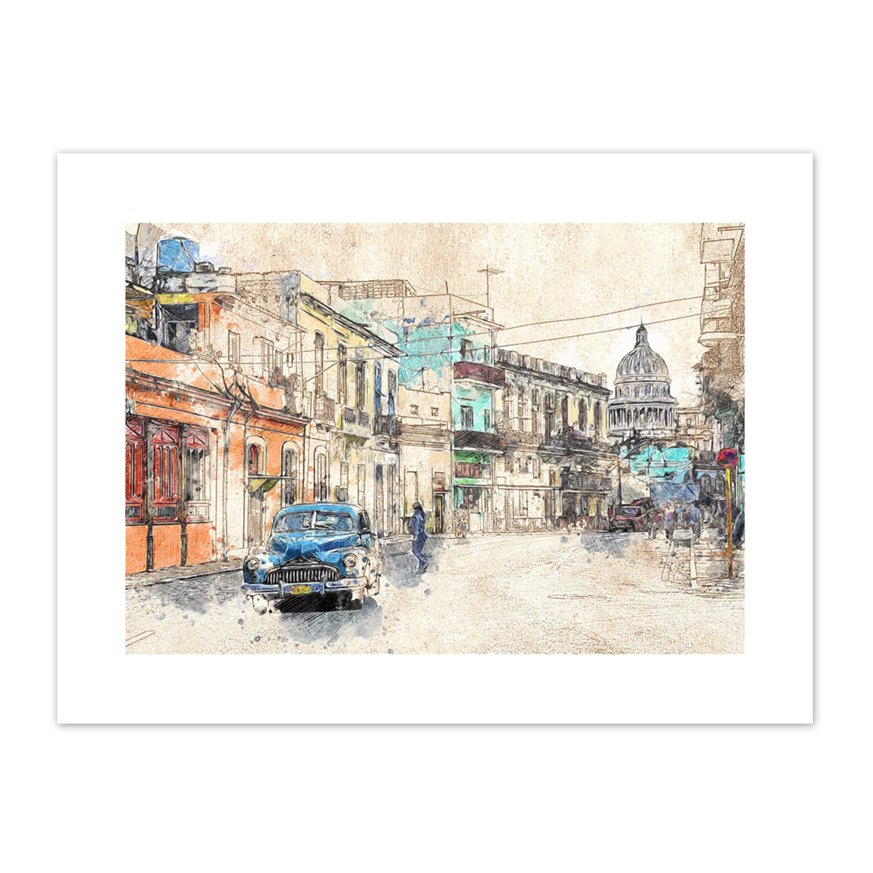 Havana Cuba Street Painting Sketch Canvas Wall Art Print