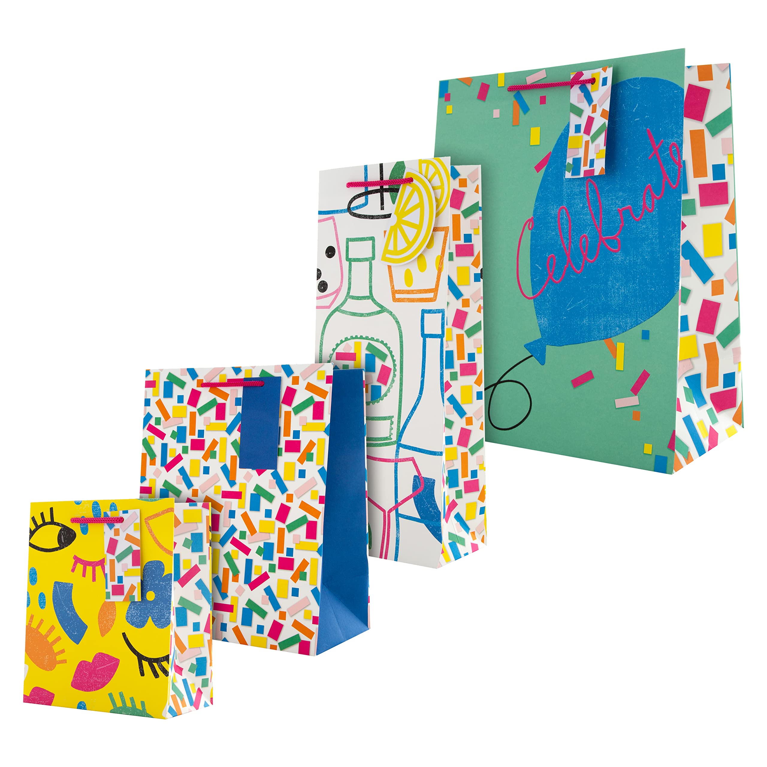 Hallmark Multi Occasion Gift and Bottle Bags Bundle - 1 Large, 1 Medium and 1 Small Gift Bag, and 1 Bottle Bag in 4 Bright Designs