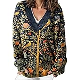 Women's Cute Graphic Printed Oversized Pullover Knit Sweater Casual Loose Fall Winter Vintage V Neck Long Sleeve Top