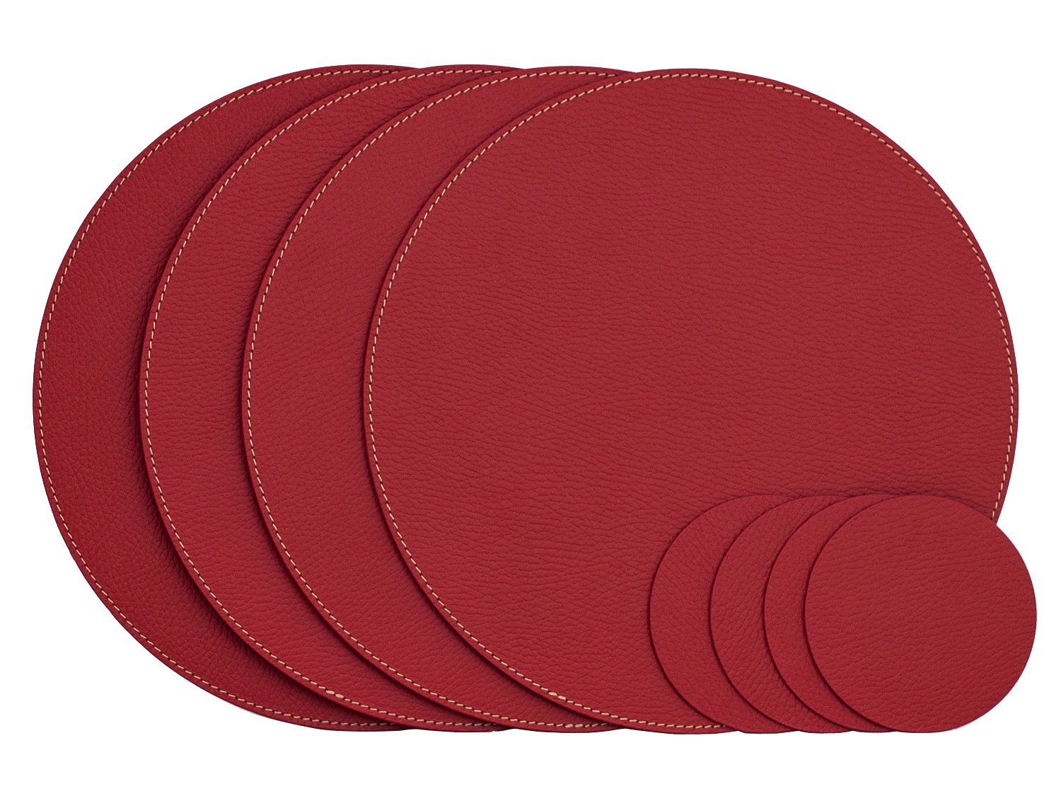Nikalaz Set of SMALL Round Placemats and Coasters, 4 table mats and 4 coasters, 28 cm diameter place mat and 10 cm coaster, Recycled Leather made in Europe (Red)