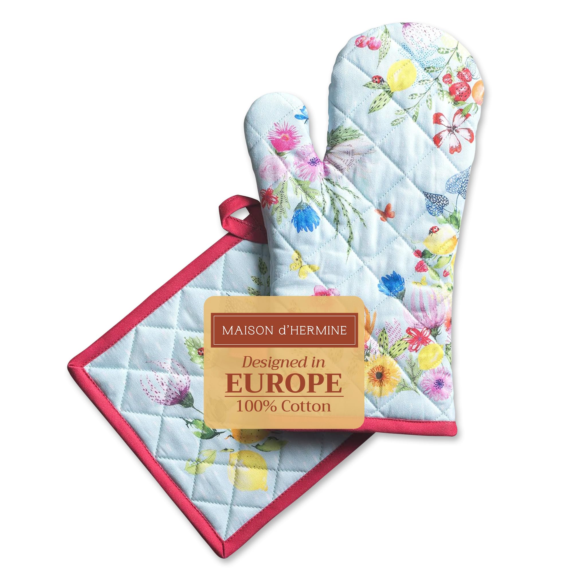 Maison d' Hermine Jardin D'Ete Mint Set of Oven Gloves (19 cm x 33 cm) and Pot Holders (20 cm x 20 cm) 100% Cotton for Barbecue, Baking, Oven, Microwave, Grilling, Spring/Summer, Easter